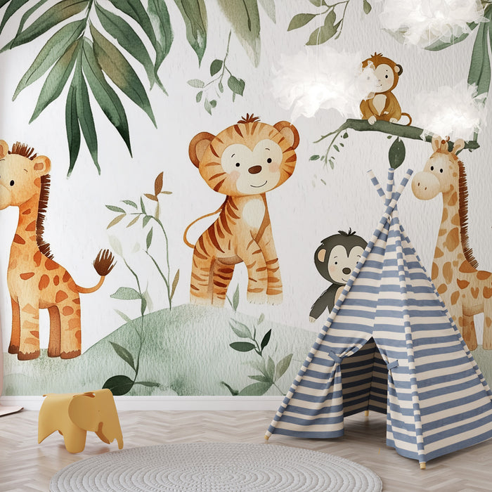 Papier peint jungle enfants | Animaux mignons aquarelle