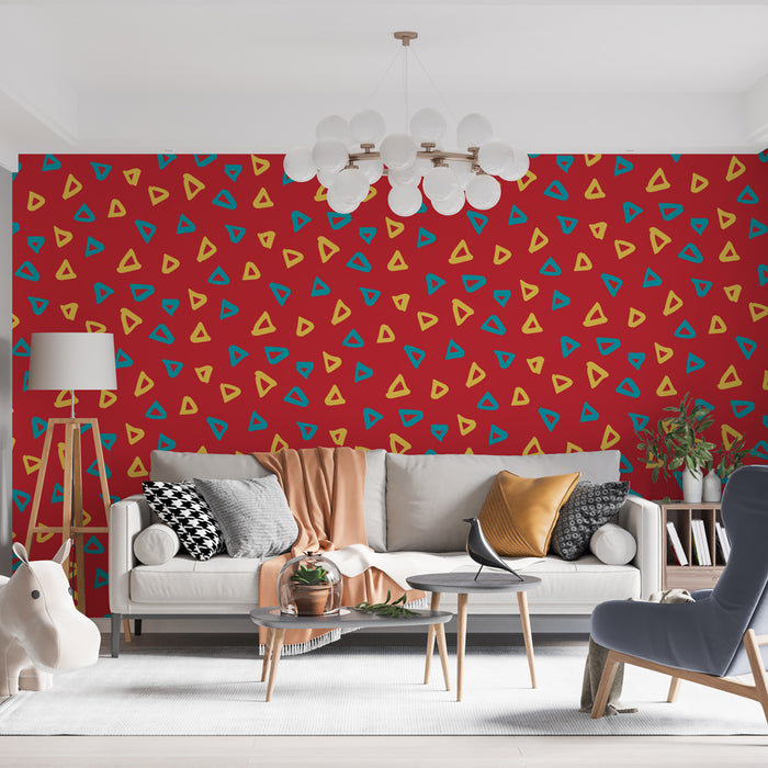 Papier peint rouge avec triangles colorés pour salon moderne et dynamique