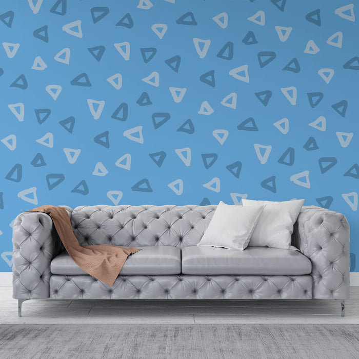 Papier peint bleu avec motifs triangles bicolores pour salon moderne et élégant