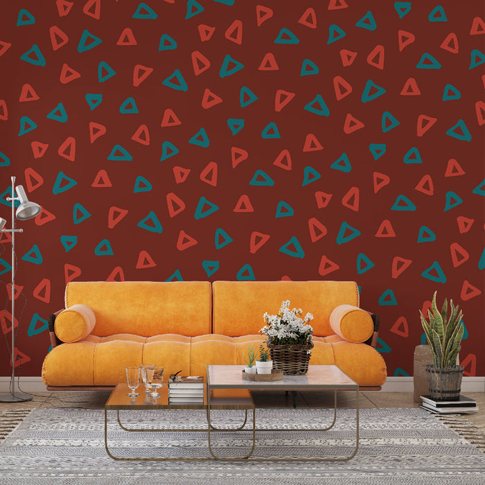 Papier peint moderne avec motifs triangles bicolores rouges et bleus pour salon contemporain