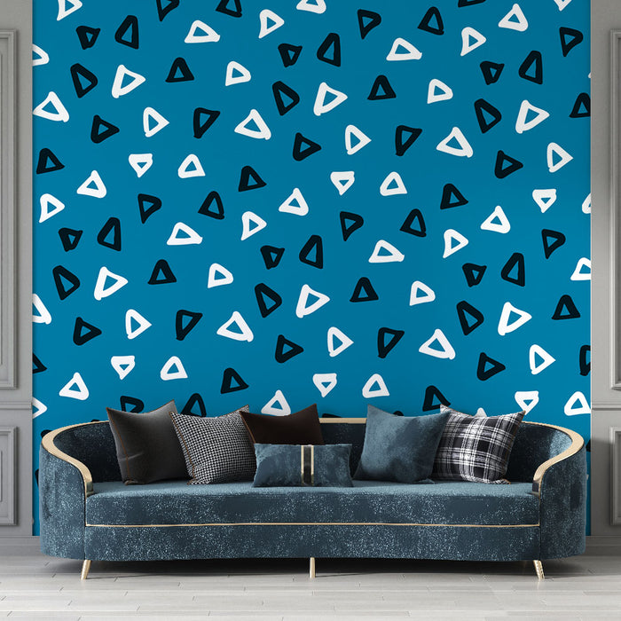 Papier peint bleu avec motifs triangles noirs et blancs pour salon moderne