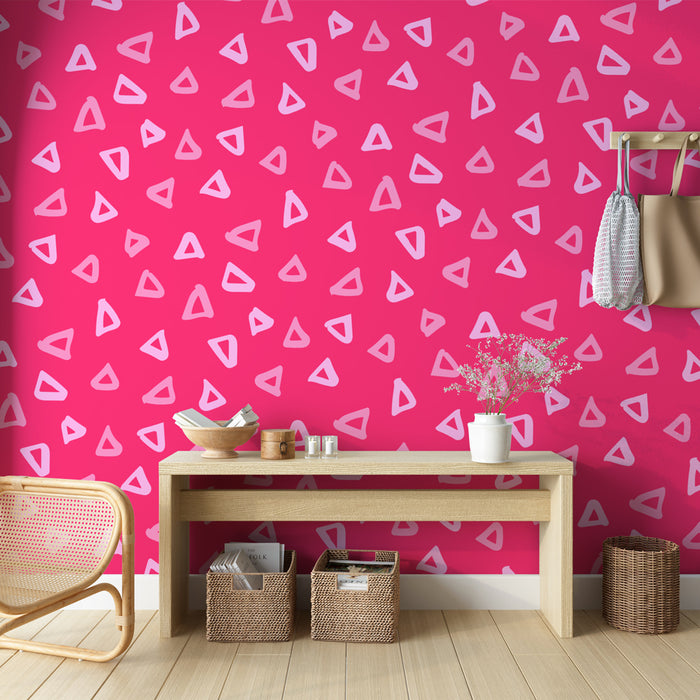 Papier peint rose fuchsia avec motifs triangles blancs pour décoration moderne de salon ou chambre