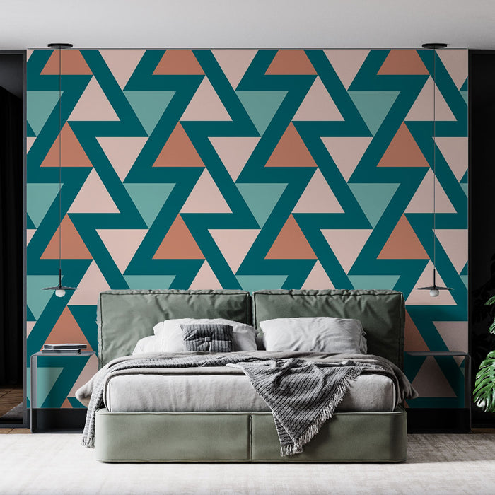 Papier peint géométrique | Motif triangles en turquoise et corail