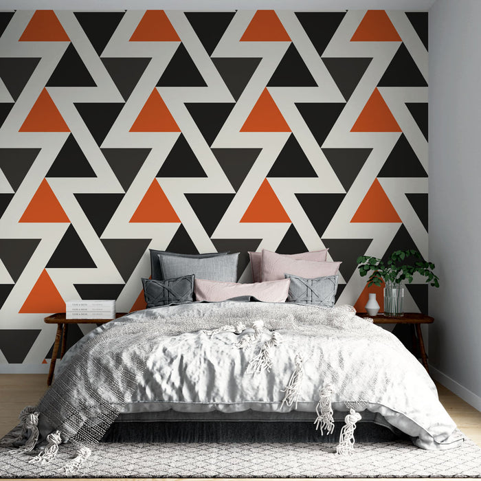 Papier peint géométrique | Motif triangulaire orange et noir