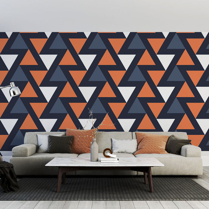 Papier peint géométrique | Triangles orange et bleu marine