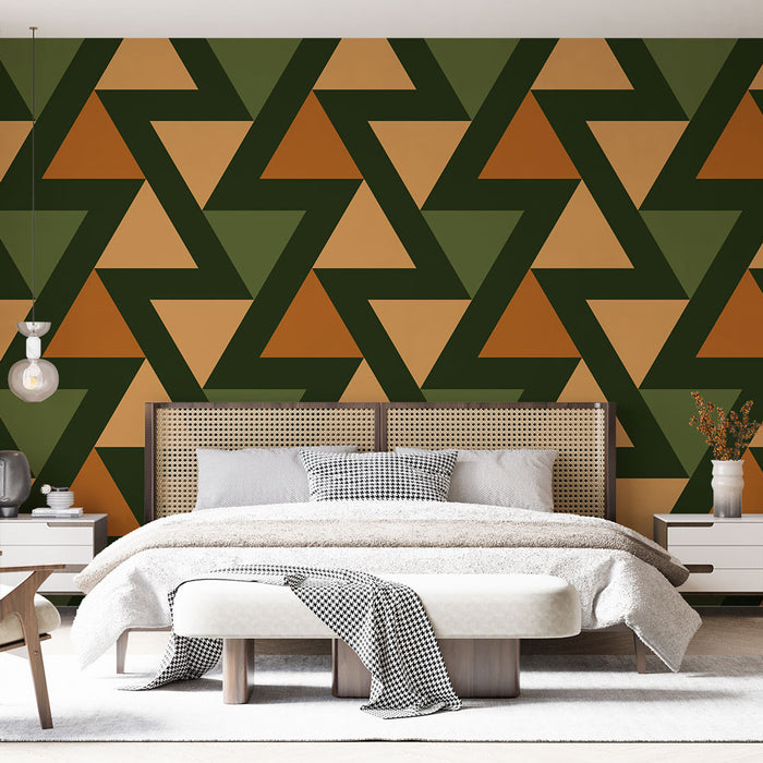 Papier peint géométrique | Motif triangulaire orange et vert