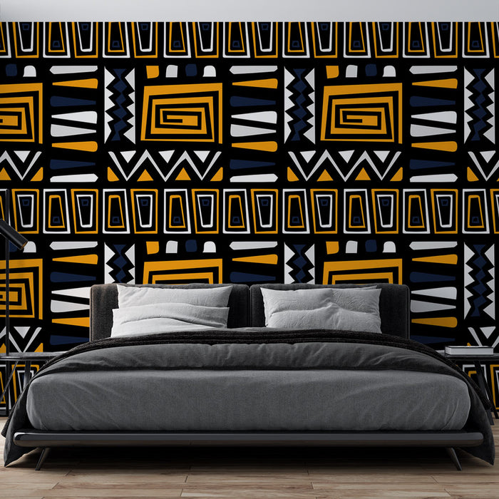 Papier peint géométrique africain | Motifs en noir, jaune et blanc