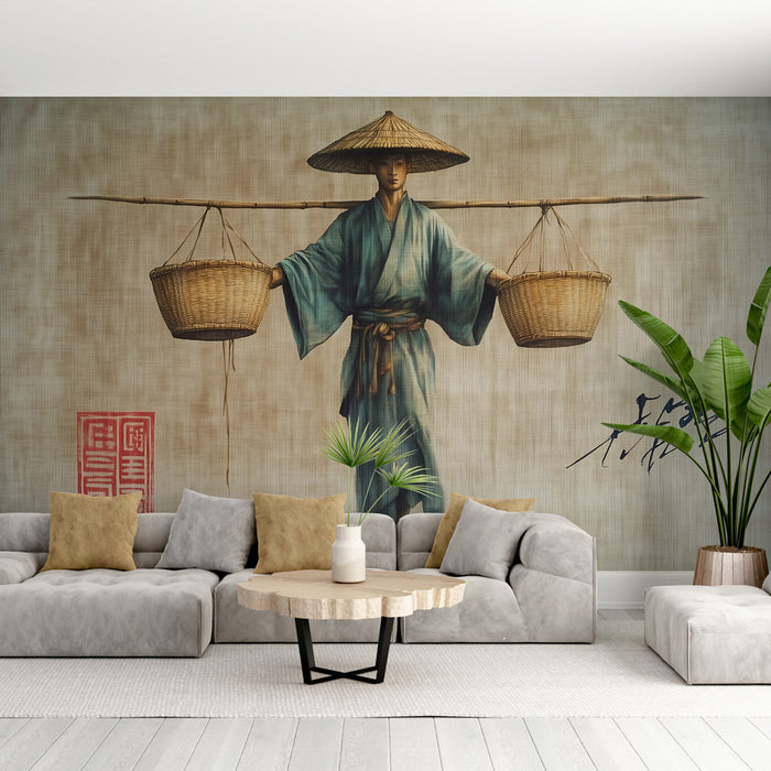 Papier peint asiatique traditionnel | Porteur d’eau avec paniers