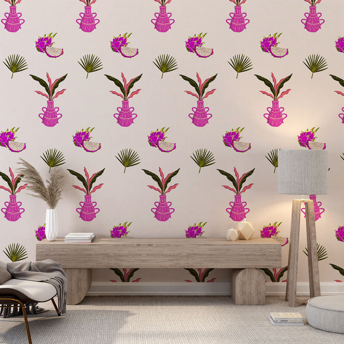 Papier peint exotique | Motifs tropicaux et vases colorés