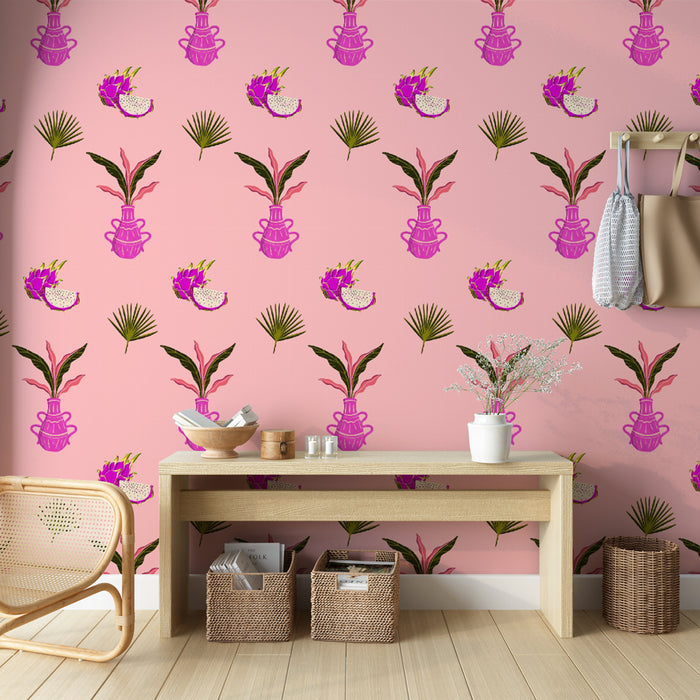Papier peint tropical | Motifs exotiques sur fond rose