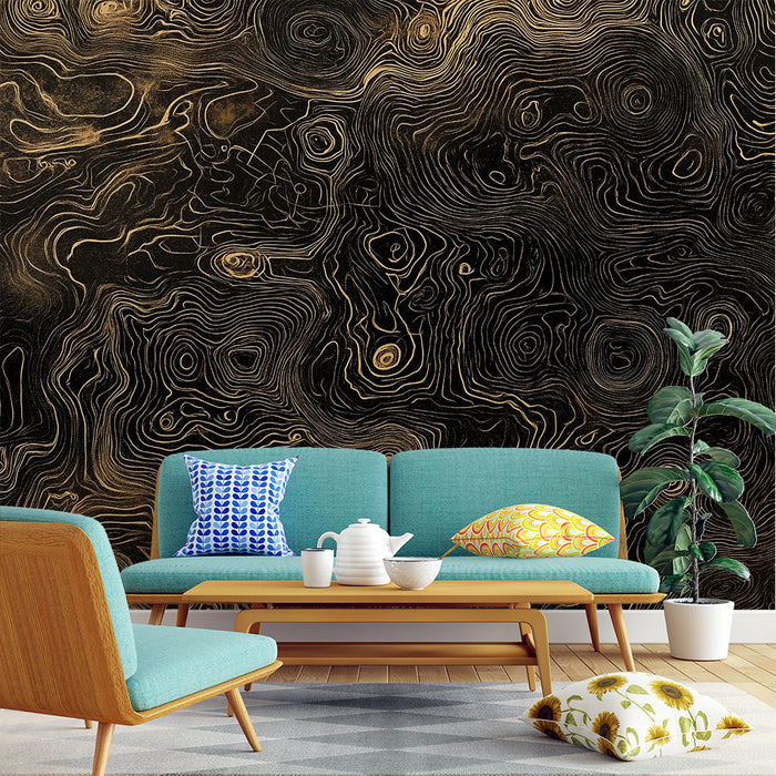 Papier peint abstrait | Noir et doré avec motifs tourbillonnants