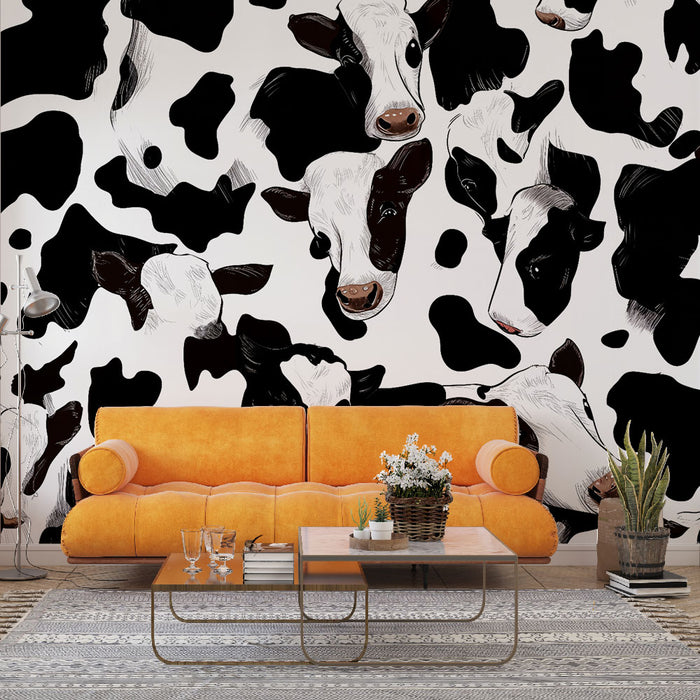 Papier peint vache | Motif comique en noir et blanc