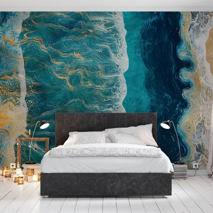 Papier peint océanique | Vagues abstraites et mousse dorée