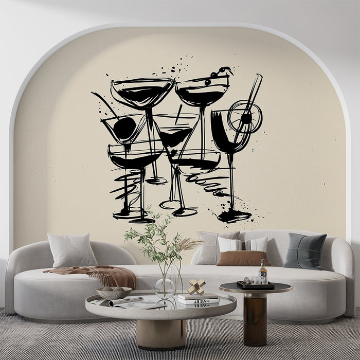 Papier peint cocktails | Esquisse élégante de verres à cocktail