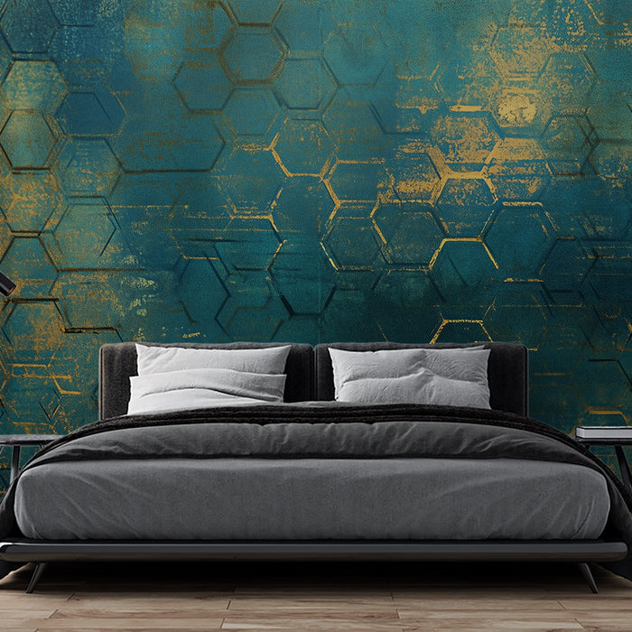 Papier peint hexagonal | Bleu et or moderne