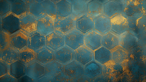 Papier peint hexagonal Bleu et or texturé