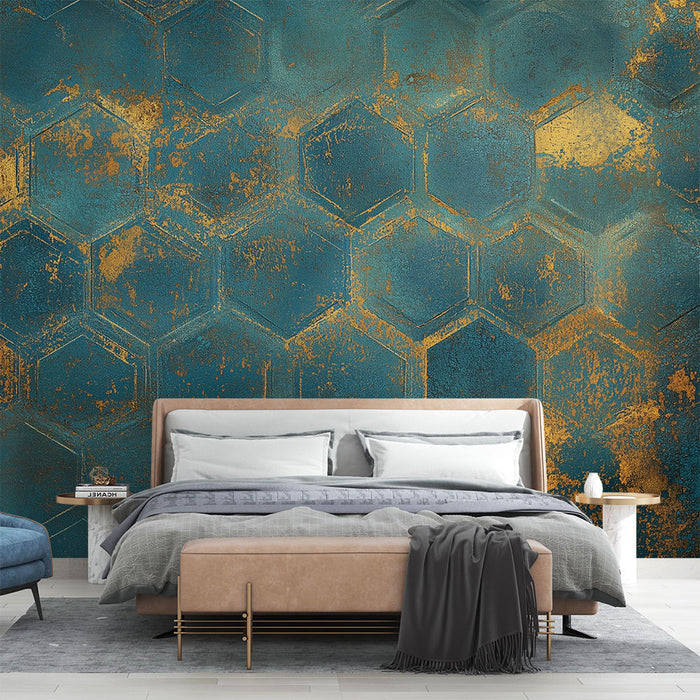 Papier peint hexagonal | Bleu et or texturé