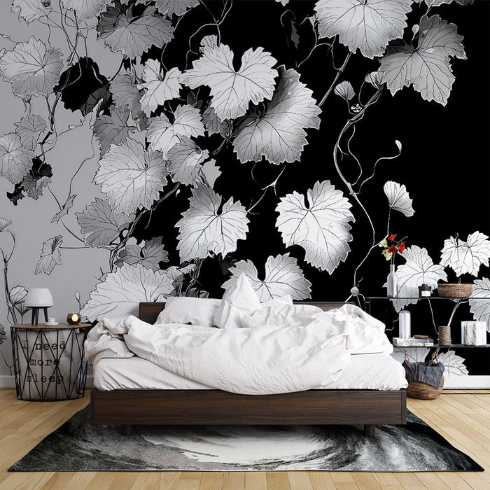 Papier peint floral | Feuillage noir et blanc