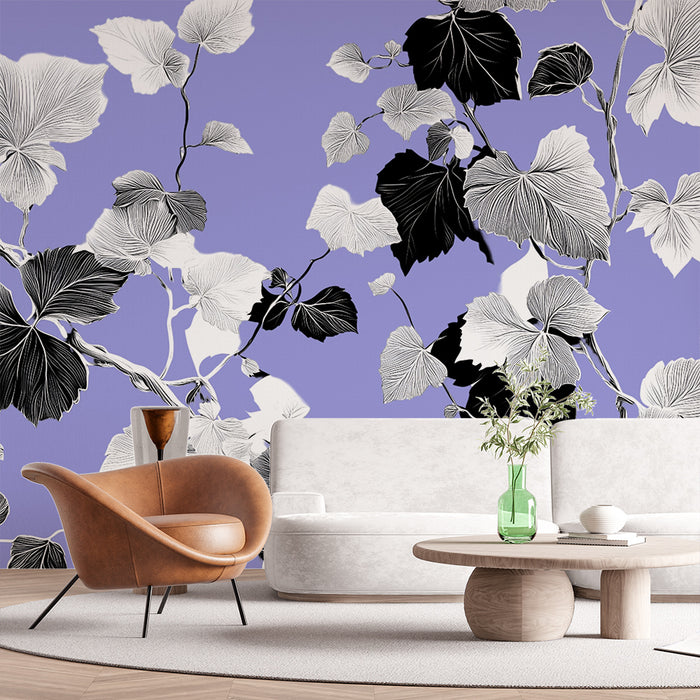 Papier peint feuilles | Élégance monochrome sur fond violet
