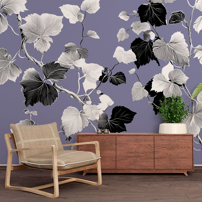 Papier peint floral | Design élégant noir et blanc sur fond violet