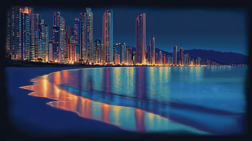 Papier peint ville nocturne Reflets urbains sur la plage