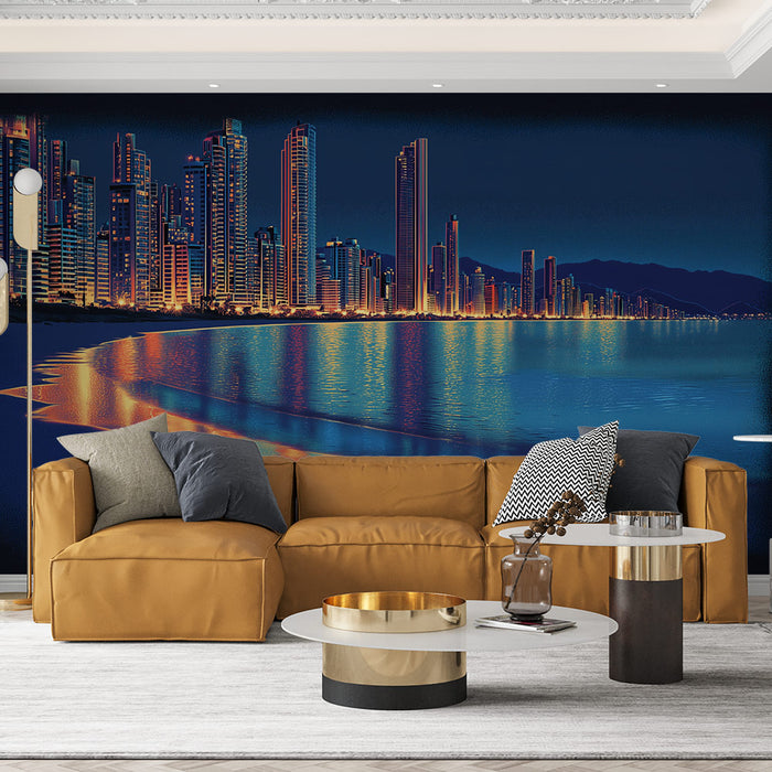 Papier peint ville nocturne | Reflets urbains sur la plage