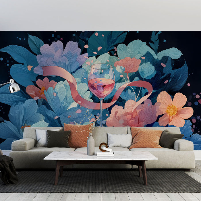 Papier peint floral et vin | Élégance florale et vin rosé