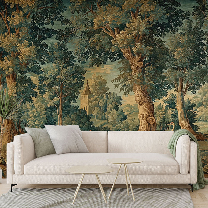Papier peint forêt | Paysage verdoyant et gracieuses grues