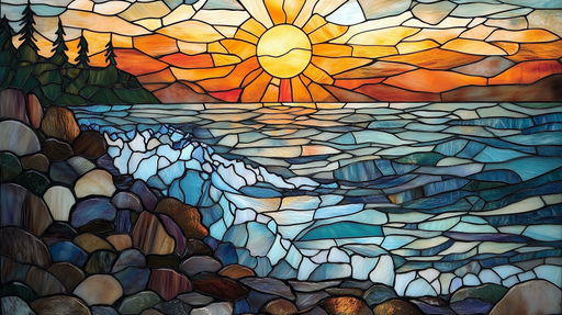 Papier peint vitrail Coucher de soleil sur mer