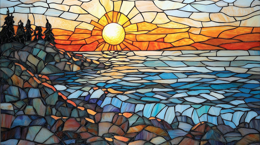 Papier peint vitrail Paysage de coucher de soleil