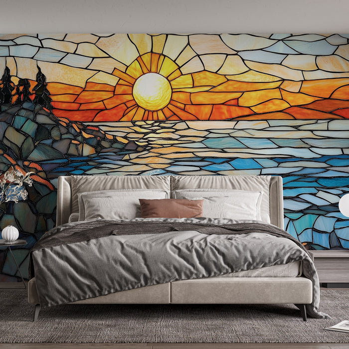 Papier peint vitrail | Paysage de coucher de soleil