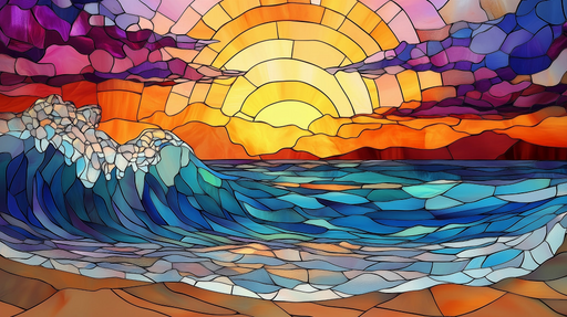 Papier peint vitrail océan Coucher de soleil vibrant