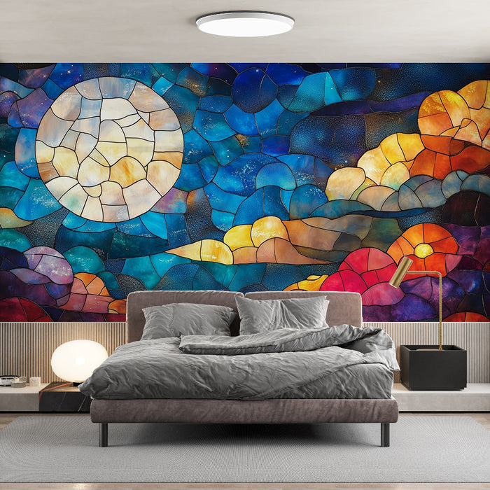 Papier peint vitrail ciel nocturne | Design Artistique et Coloré
