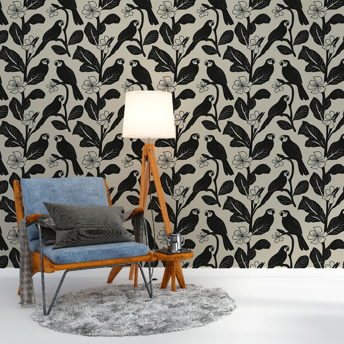 Papier peint oiseaux et fleurs | Motif noir et crème avec des oiseaux sur des tiges florales