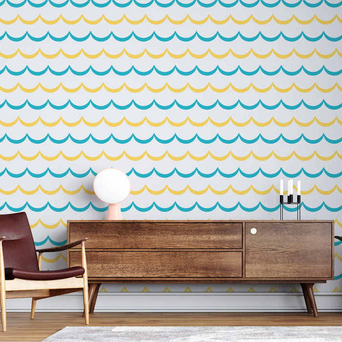 Papier peint vagues | Design ondulé bleu et jaune