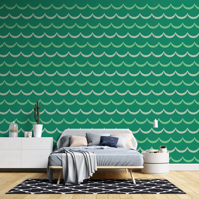 Papier peint vagues | Motif ondulé vert et blanc