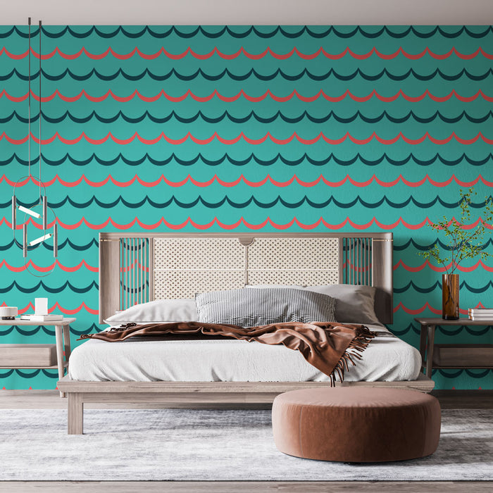 Papier peint vagues | Design rétro turquoise et rose