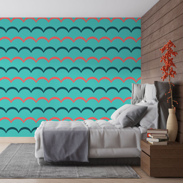 Papier peint écailles | Motif moderne turquoise et corail