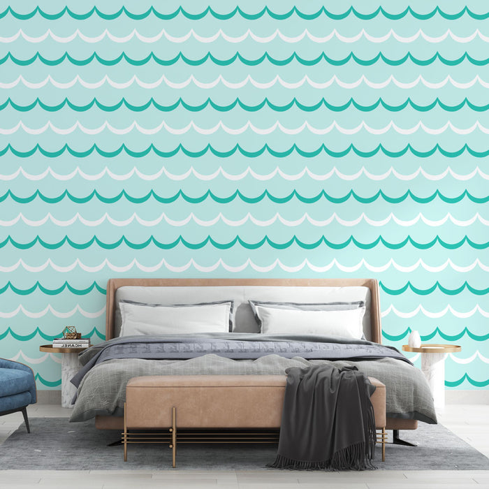 Papier peint vagues | Design minimaliste bleu et blanc