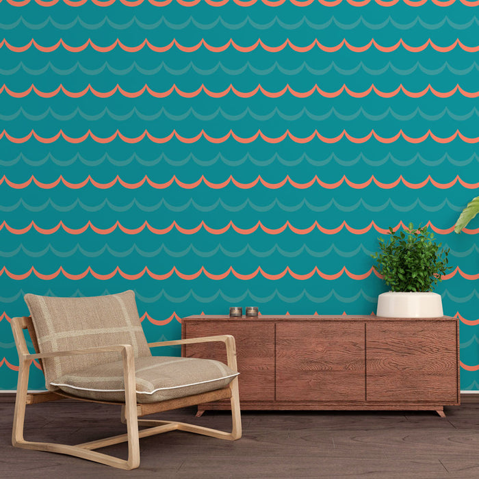 Papier peint vague | Motif ondulé turquoise et corail