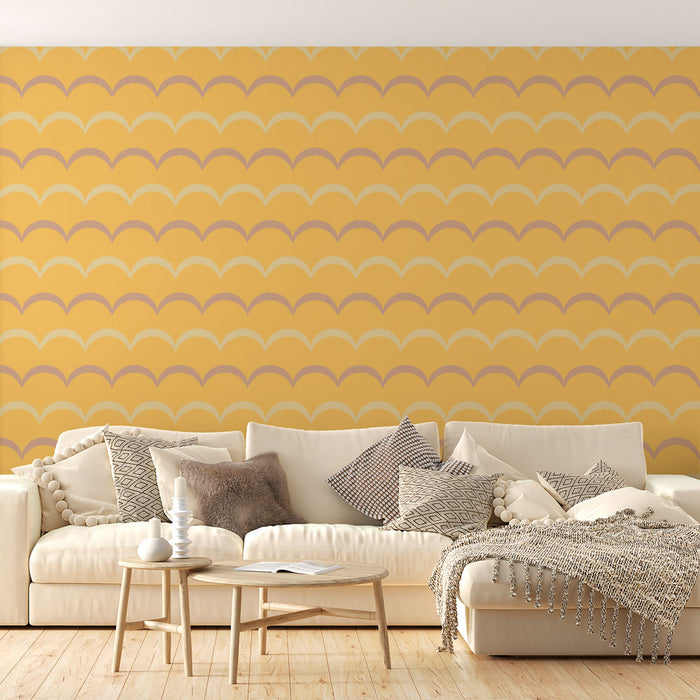 Papier peint à motif en vagues | Tons de jaune et beige