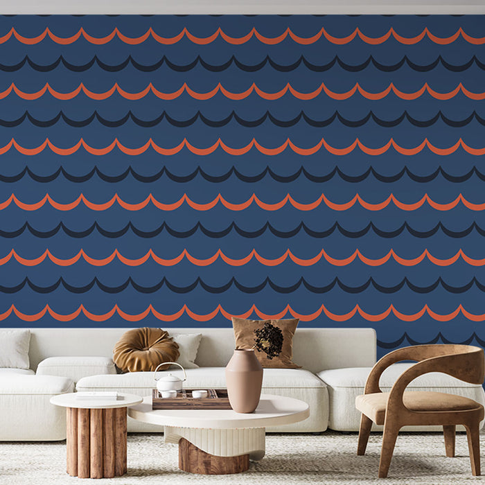 Papier peint vague | Motif marin bleu et orange