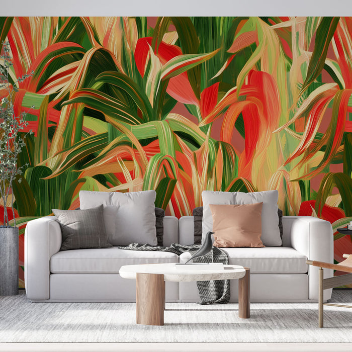 Papier peint tropical | Design feuillage rouge et vert