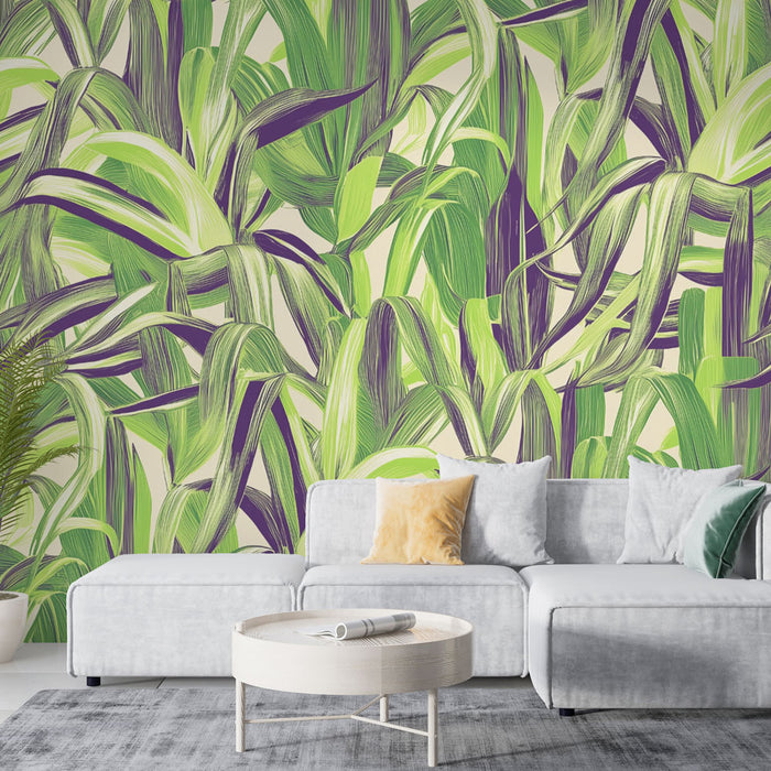 Papier peint tropical | Feuillage vert et violet