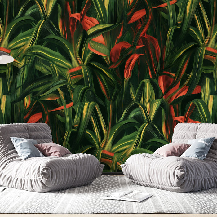 Papier peint feuillage tropical | Vert et Rouge