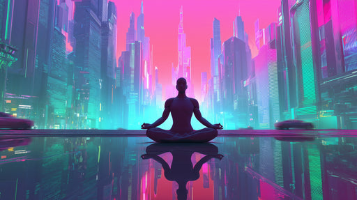 Papier peint futuriste Ville néon et méditation
