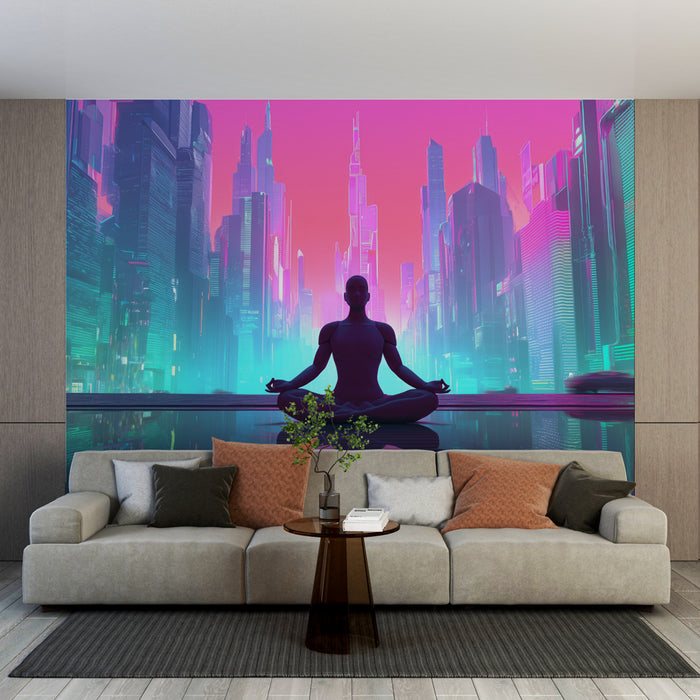Papier peint futuriste | Ville néon et méditation