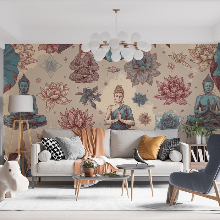 Papier peint méditation | Bouddha et fleurs de lotus