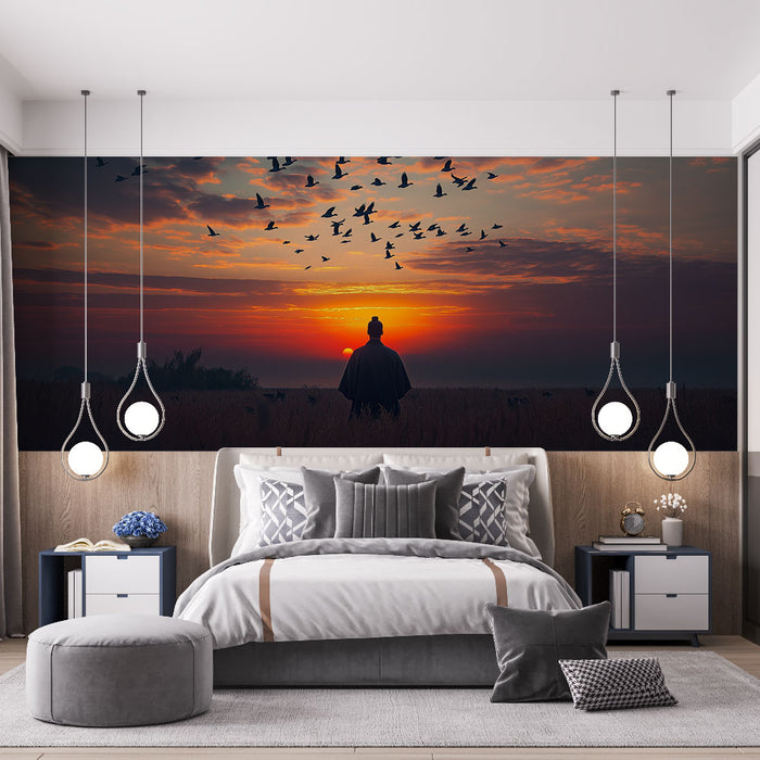 Papier peint coucher de soleil | Silhouette sereine et vol d'oiseaux