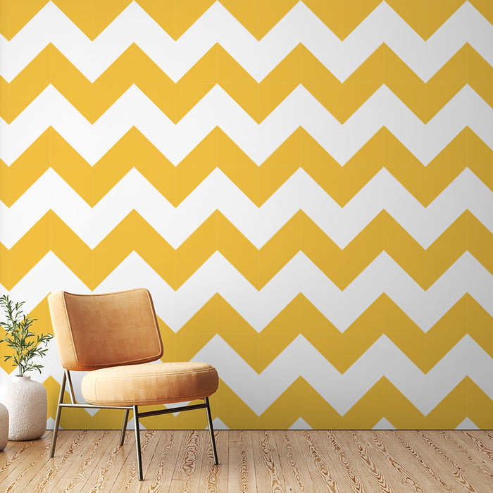 Papier peint zigzag | Motif géométrique jaune et blanc